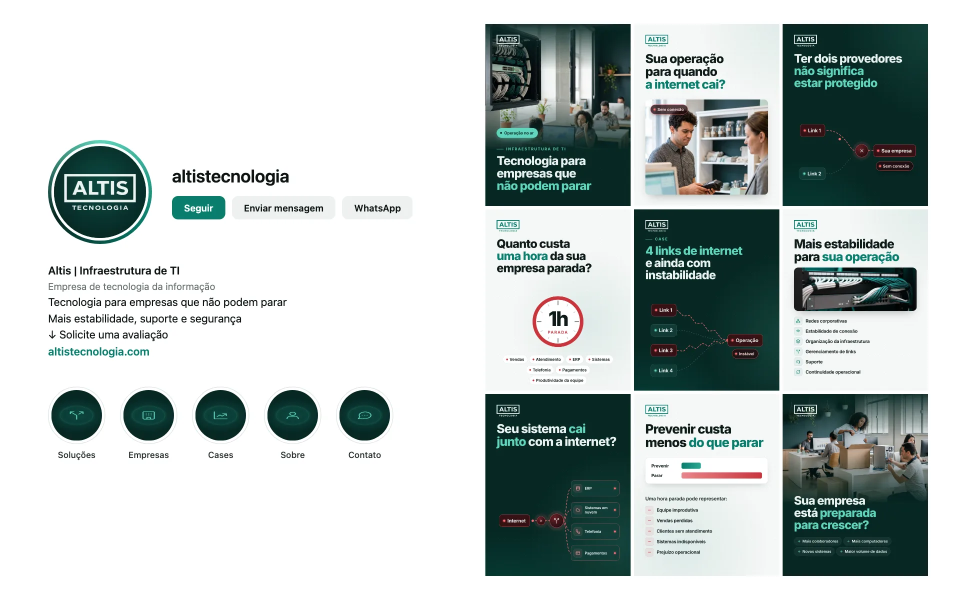 Perfil da Altis Tecnologia no Instagram: foto, bio, 5 destaques e a grade dos 9 posts